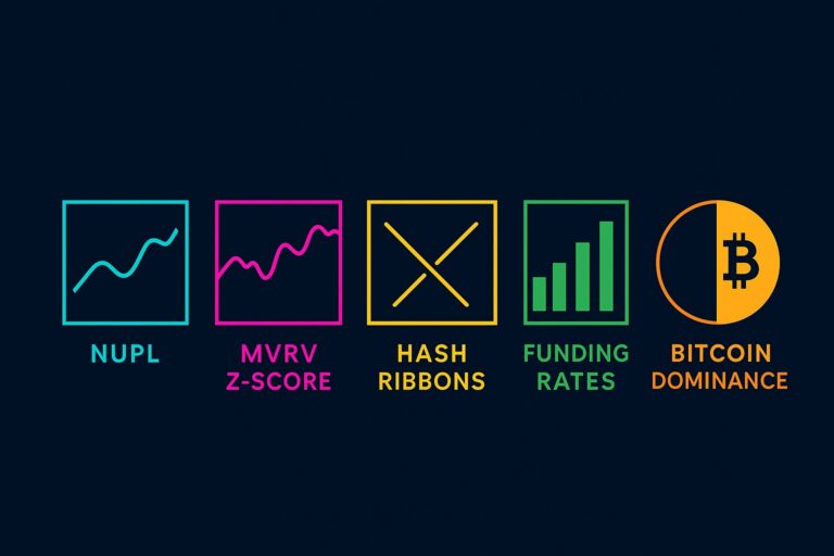 Dashboard of key crypto indicators (NUPL, MVRV, Hash Ribbons, funding rates, BTC dominance) for 2025 market analysis