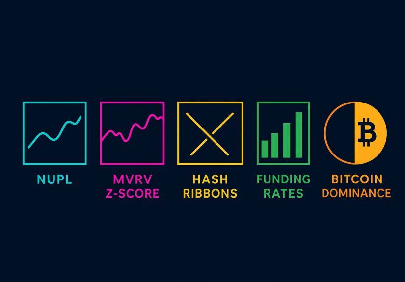 Dashboard of key crypto indicators (NUPL, MVRV, Hash Ribbons, funding rates, BTC dominance) for 2025 market analysis
